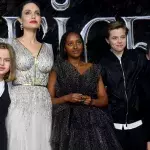 "Maleficent: Mistress Of Evil" European Premiere - Red Carpet Arrivals LONDON, ENGLAND - OCTOBER 09: Angelina Jolie with children Vivienne Marcheline Jolie-Pitt, Zahara Marley Jolie-Pitt, Shiloh Nouvel Jolie-Pitt and Knox Leon Jolie-Pitt attend the European premiere of "Maleficent: Mistress of Evil" at Odeon IMAX Waterloo on October 09, 2019 in London, England. (Photo by Dave J Hogan/Getty Images)